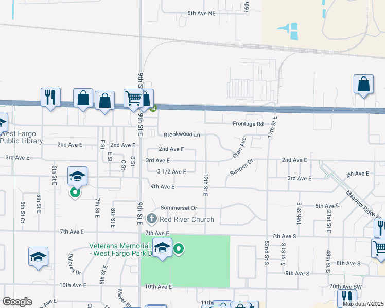 map of restaurants, bars, coffee shops, grocery stores, and more near 900-906 3rd Avenue East in West Fargo