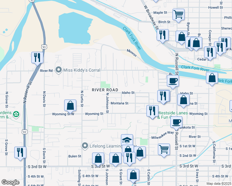 map of restaurants, bars, coffee shops, grocery stores, and more near 1939 Idaho St in Missoula