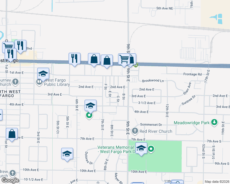 map of restaurants, bars, coffee shops, grocery stores, and more near 460 3rd Avenue East in West Fargo