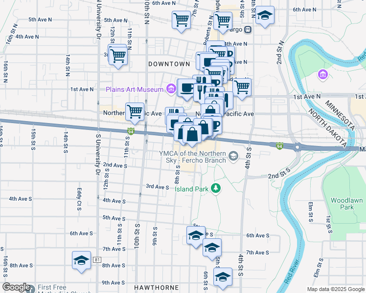 map of restaurants, bars, coffee shops, grocery stores, and more near 20 8th Street North in Fargo