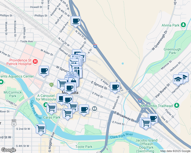 map of restaurants, bars, coffee shops, grocery stores, and more near 241 East Alder Street in Missoula
