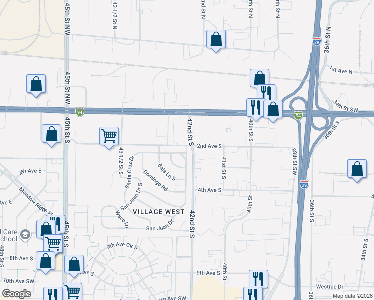 map of restaurants, bars, coffee shops, grocery stores, and more near 106 Santa Cruz Drive in Fargo