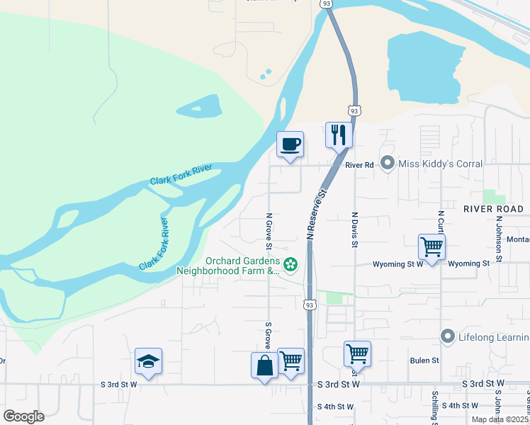 map of restaurants, bars, coffee shops, grocery stores, and more near 2604 Roderick Way in Missoula