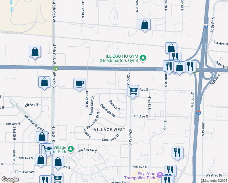 map of restaurants, bars, coffee shops, grocery stores, and more near 225 Santa Cruz Drive in Fargo