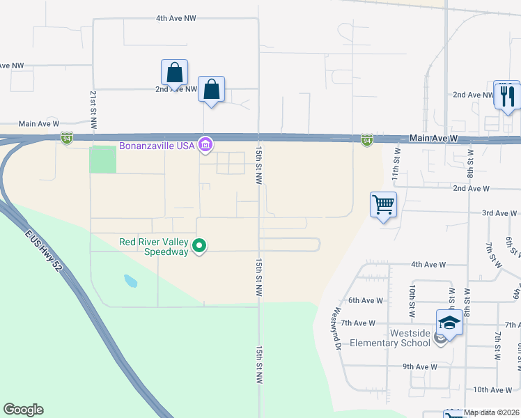 map of restaurants, bars, coffee shops, grocery stores, and more near 250 15th Street Northwest in West Fargo