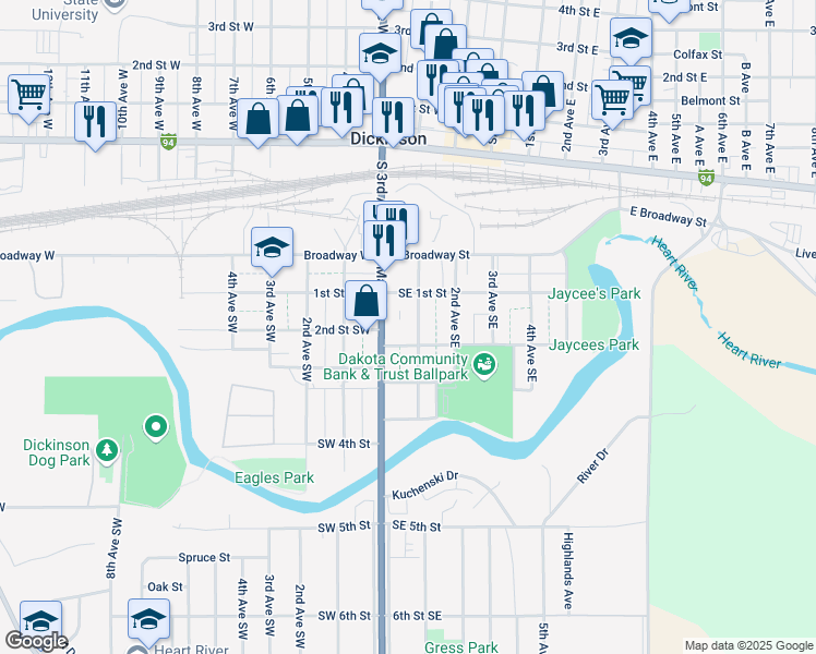 map of restaurants, bars, coffee shops, grocery stores, and more near 130 1st Avenue Southeast in Dickinson