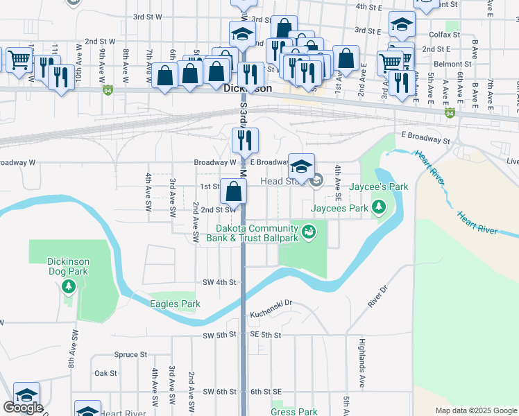 map of restaurants, bars, coffee shops, grocery stores, and more near 21 2nd Street Southeast in Dickinson