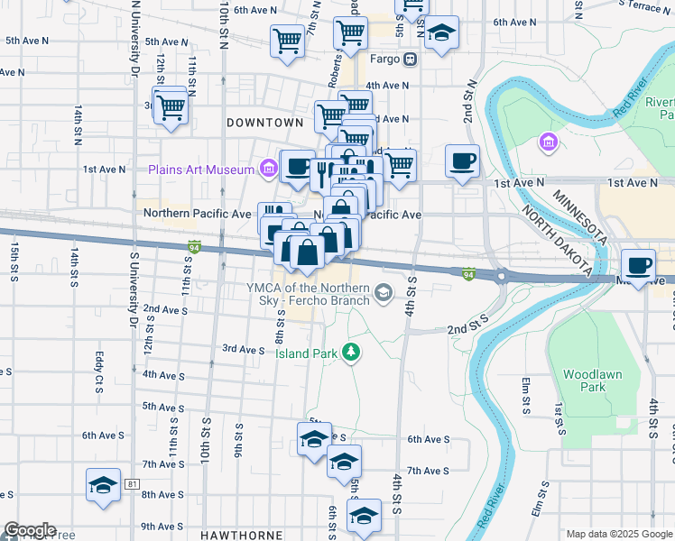map of restaurants, bars, coffee shops, grocery stores, and more near 21 Broadway North in Fargo