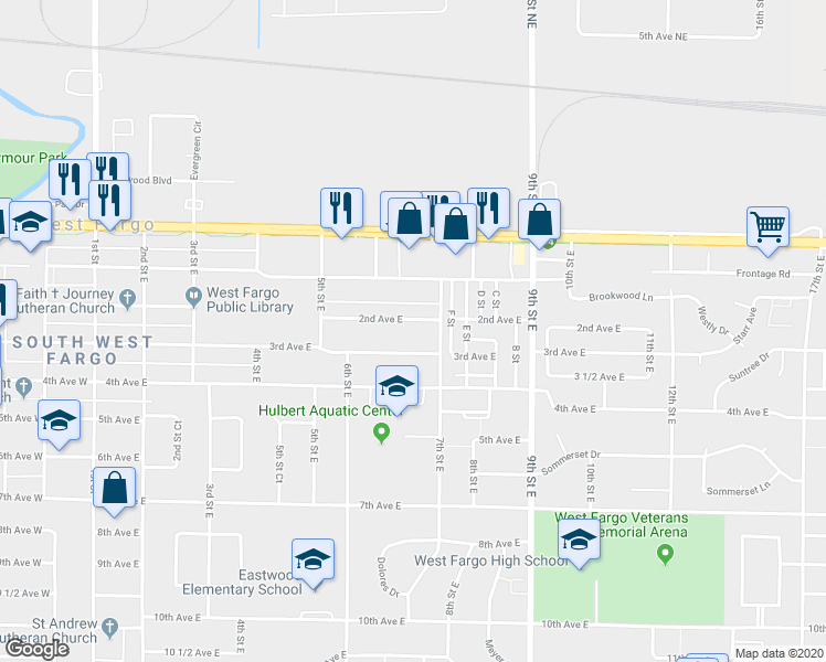map of restaurants, bars, coffee shops, grocery stores, and more near 614 3rd Avenue East in West Fargo