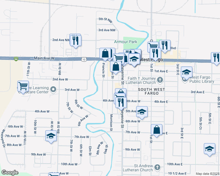map of restaurants, bars, coffee shops, grocery stores, and more near 308 Morrison Street in West Fargo