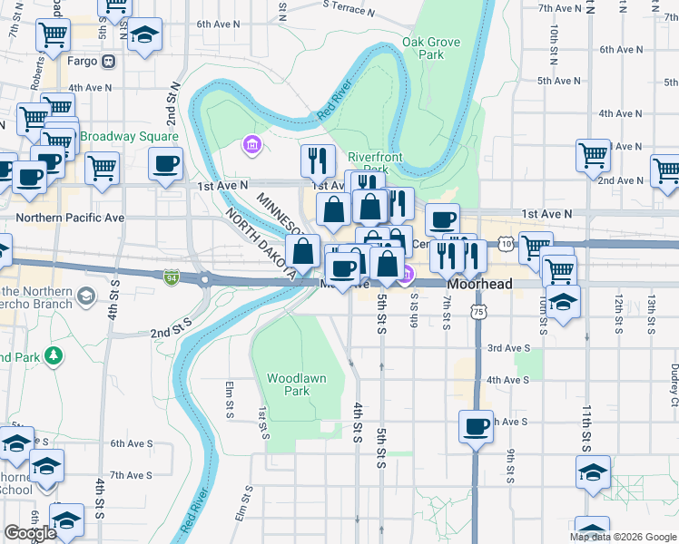 map of restaurants, bars, coffee shops, grocery stores, and more near 11 4th Street South in Moorhead