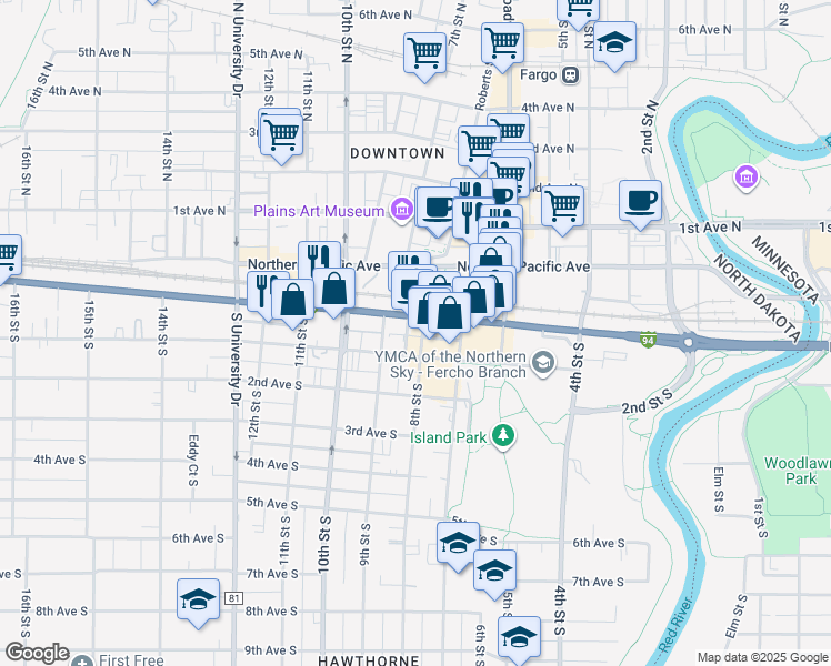 map of restaurants, bars, coffee shops, grocery stores, and more near 620 Main Avenue in Fargo