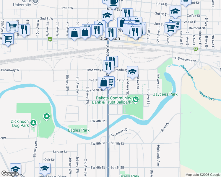 map of restaurants, bars, coffee shops, grocery stores, and more near 21 2nd Street Southeast in Dickinson