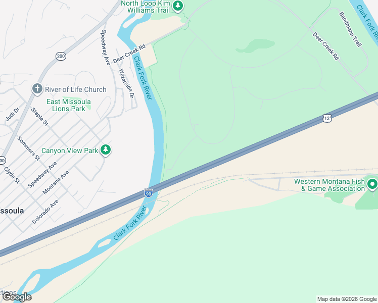 map of restaurants, bars, coffee shops, grocery stores, and more near Interstate 90 in Missoula