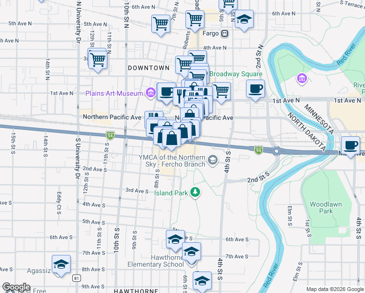 map of restaurants, bars, coffee shops, grocery stores, and more near 21 Broadway North in Fargo