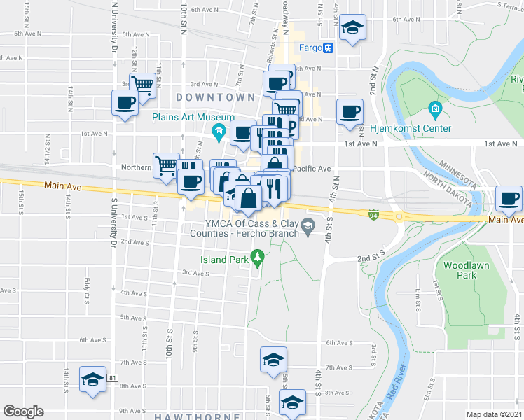 map of restaurants, bars, coffee shops, grocery stores, and more near 21 Broadway North in Fargo