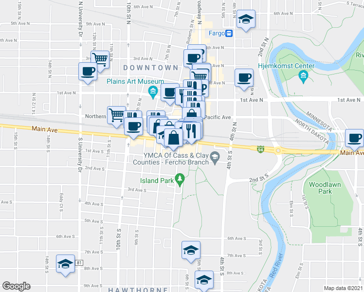 map of restaurants, bars, coffee shops, grocery stores, and more near 21 Broadway North in Fargo