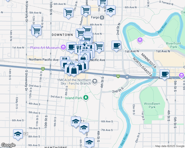 map of restaurants, bars, coffee shops, grocery stores, and more near in Fargo