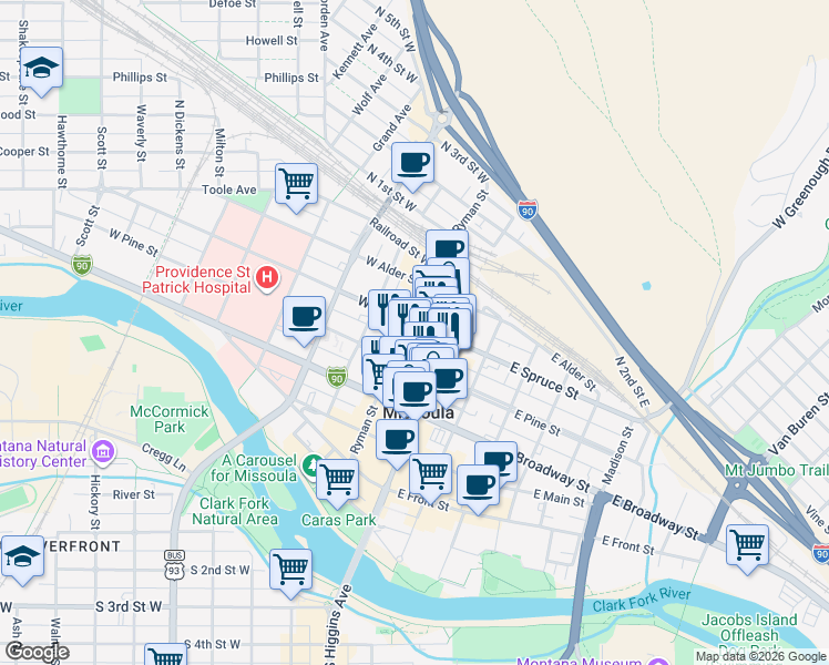 map of restaurants, bars, coffee shops, grocery stores, and more near 120 West Pine Street in Missoula