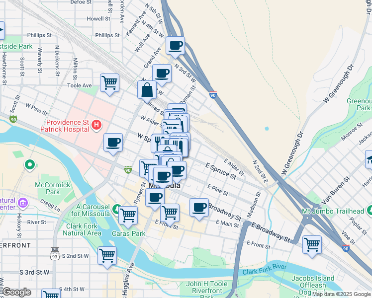 map of restaurants, bars, coffee shops, grocery stores, and more near 531 North Higgins Avenue in Missoula