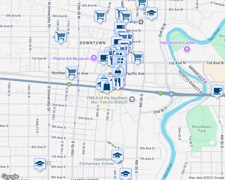 map of restaurants, bars, coffee shops, grocery stores, and more near in Fargo
