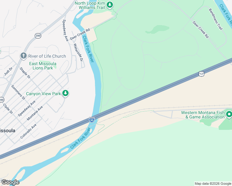 map of restaurants, bars, coffee shops, grocery stores, and more near Interstate 90 in Missoula