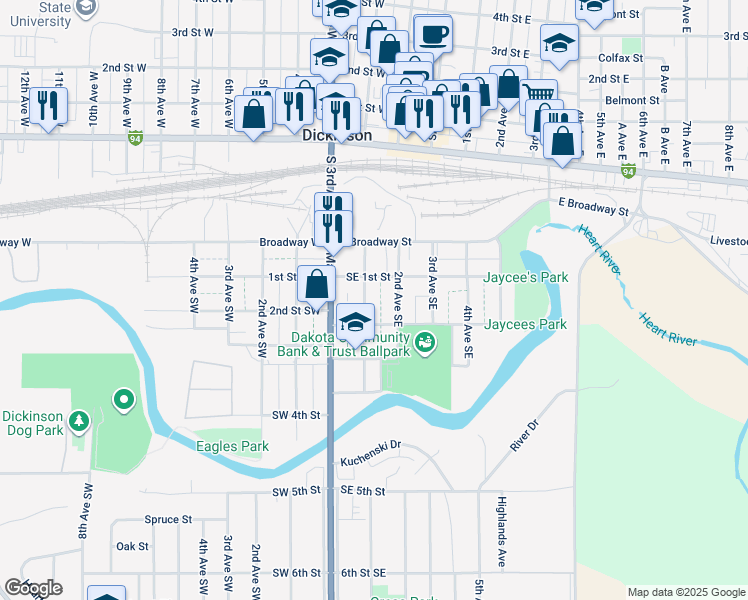 map of restaurants, bars, coffee shops, grocery stores, and more near 118 Southeast 1st Street in Dickinson