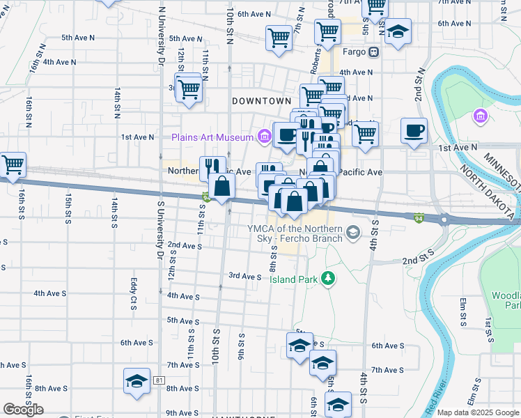 map of restaurants, bars, coffee shops, grocery stores, and more near 4 8th Street North in Fargo
