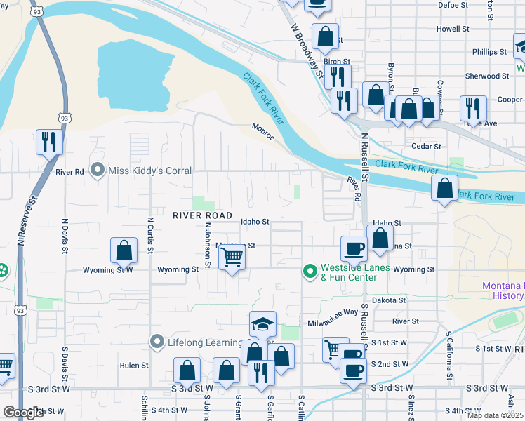 map of restaurants, bars, coffee shops, grocery stores, and more near 1825 River Road in Missoula