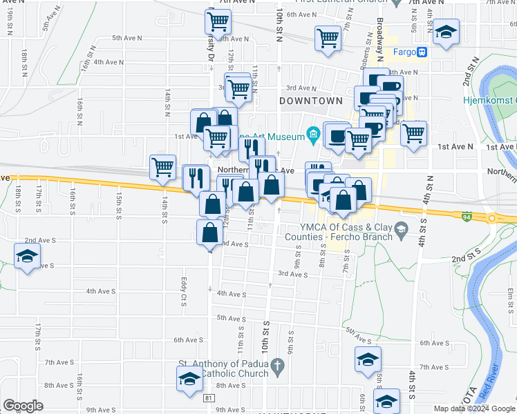map of restaurants, bars, coffee shops, grocery stores, and more near 1015 Main Avenue in Fargo