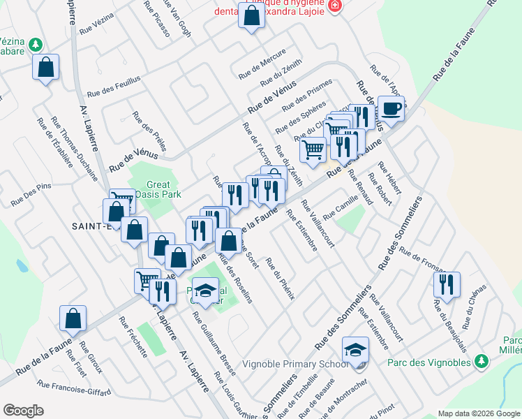 map of restaurants, bars, coffee shops, grocery stores, and more near 1568 Rue de la Faune in Québec