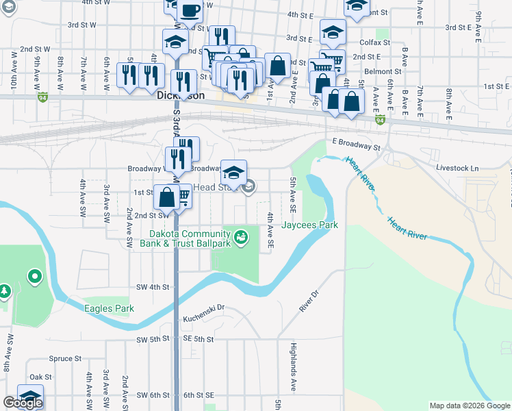 map of restaurants, bars, coffee shops, grocery stores, and more near 300 Southeast 1st Street in Dickinson