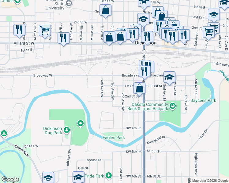 map of restaurants, bars, coffee shops, grocery stores, and more near 201-299 1st Street Southwest in Dickinson
