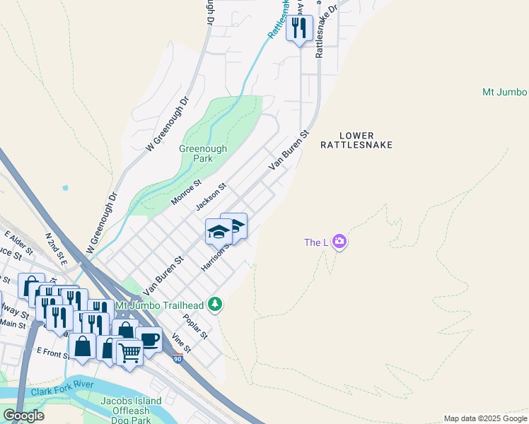 map of restaurants, bars, coffee shops, grocery stores, and more near 1314 Harrison Street in Missoula