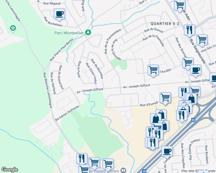 map of restaurants, bars, coffee shops, grocery stores, and more near 333 Avenue Joseph-Giffard in Québec