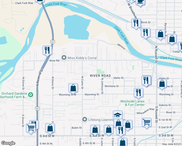 map of restaurants, bars, coffee shops, grocery stores, and more near 611 Lafray Lane in Missoula
