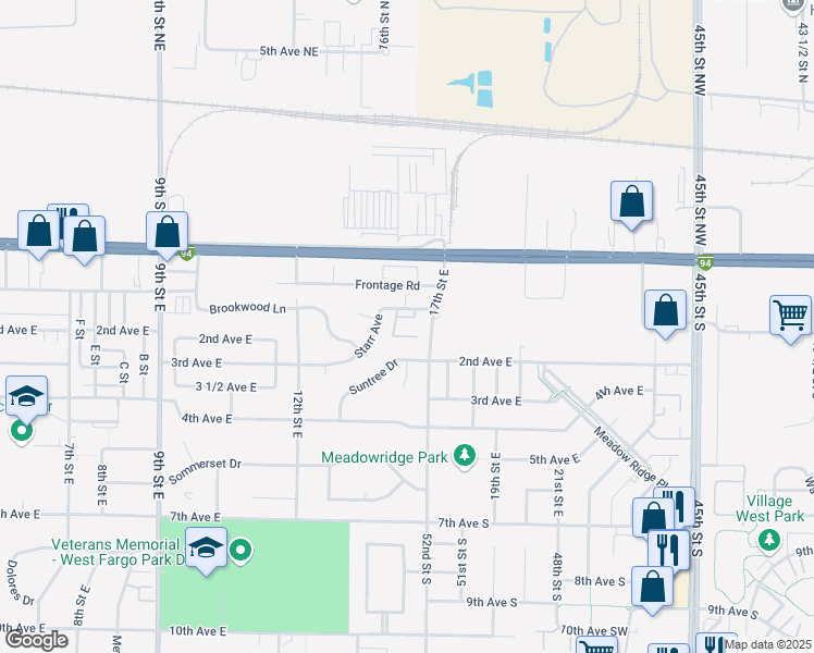 map of restaurants, bars, coffee shops, grocery stores, and more near 56 17th Street East in West Fargo