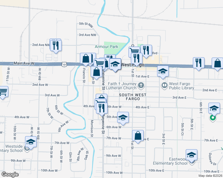 map of restaurants, bars, coffee shops, grocery stores, and more near 219 2nd Ave W in West Fargo