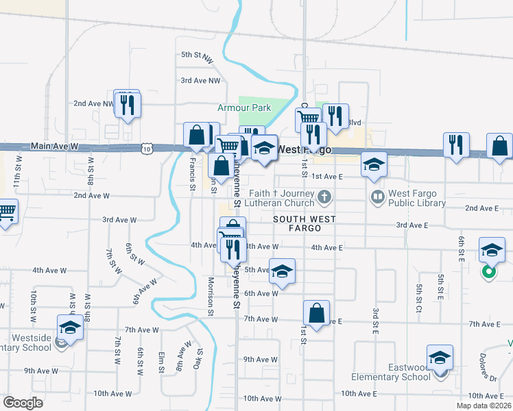 map of restaurants, bars, coffee shops, grocery stores, and more near 219 2nd Avenue West in West Fargo