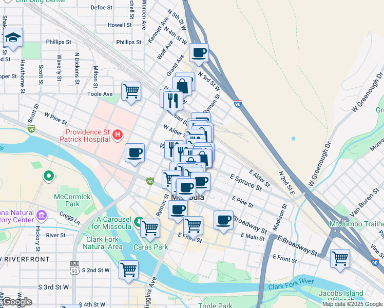 map of restaurants, bars, coffee shops, grocery stores, and more near 116 West Spruce Street in Missoula