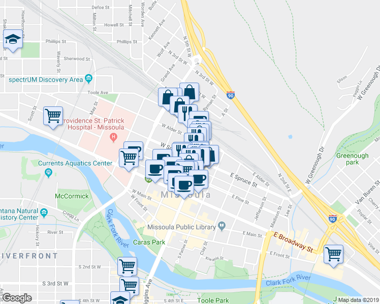 map of restaurants, bars, coffee shops, grocery stores, and more near 116 West Spruce Street in Missoula