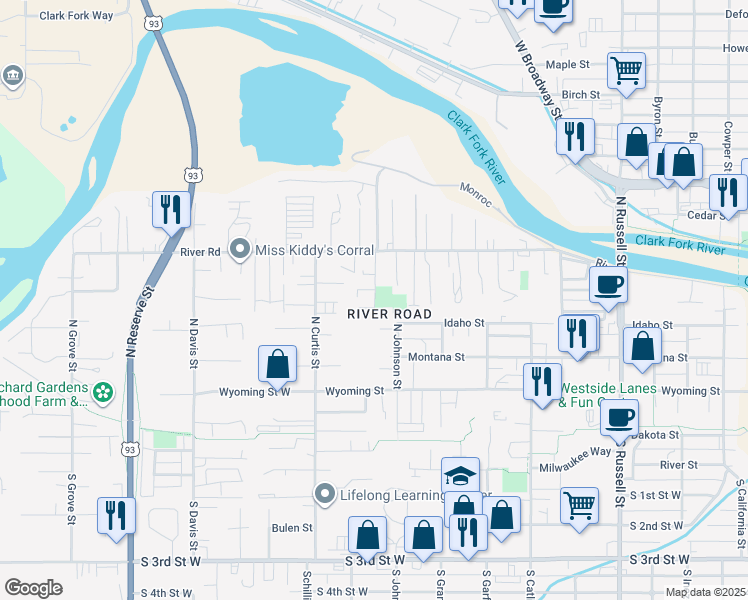 map of restaurants, bars, coffee shops, grocery stores, and more near 2011 River Road in Missoula