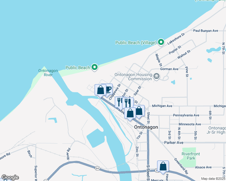 map of restaurants, bars, coffee shops, grocery stores, and more near 700-798 Trap St in Ontonagon