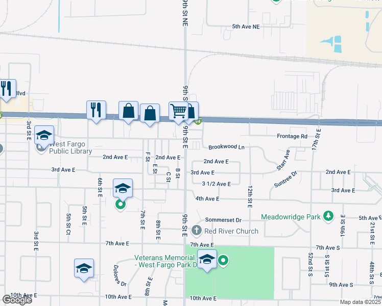 map of restaurants, bars, coffee shops, grocery stores, and more near 125 9th Street East in West Fargo