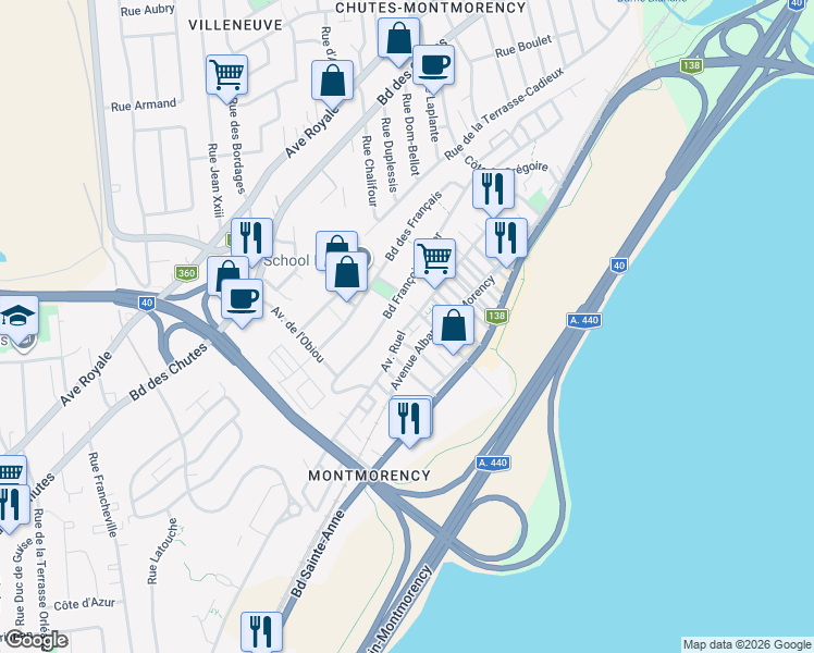 map of restaurants, bars, coffee shops, grocery stores, and more near Avenue Ruel in Ville de Québec