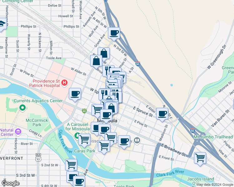 map of restaurants, bars, coffee shops, grocery stores, and more near 531n North Higgins Avenue in Missoula