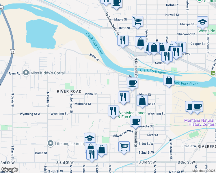 map of restaurants, bars, coffee shops, grocery stores, and more near 1657 River Road in Missoula