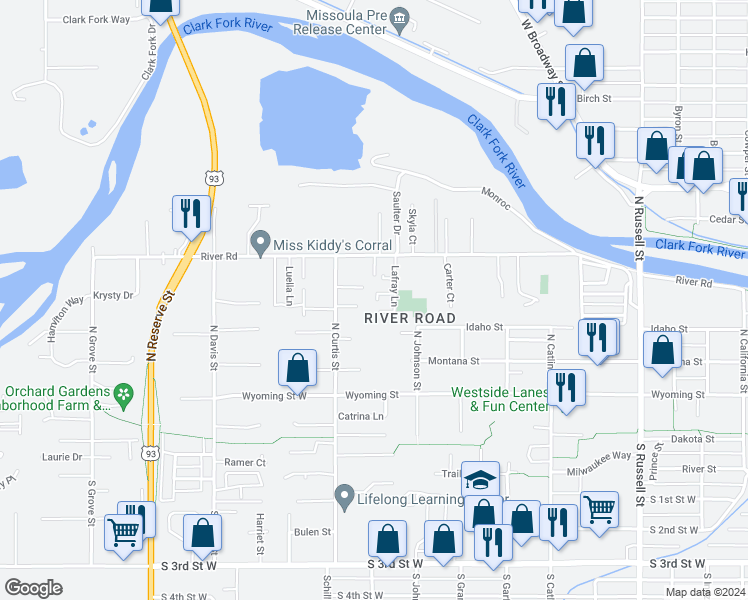 map of restaurants, bars, coffee shops, grocery stores, and more near 611 Lafray Lane in Missoula