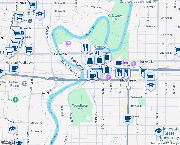 map of restaurants, bars, coffee shops, grocery stores, and more near 403 Center Avenue in Moorhead