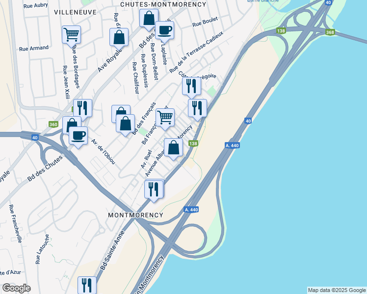 map of restaurants, bars, coffee shops, grocery stores, and more near 404 110e Rue in Québec